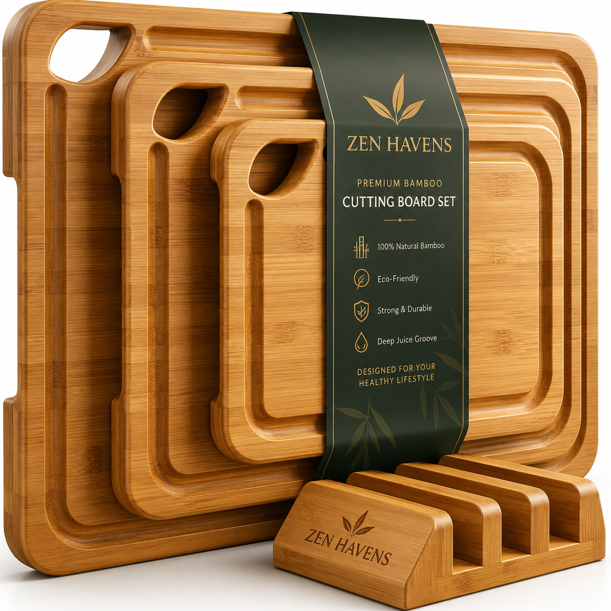 Zen Havens Bamboo Cutting Board Set of 3 with Stand - All Sizes