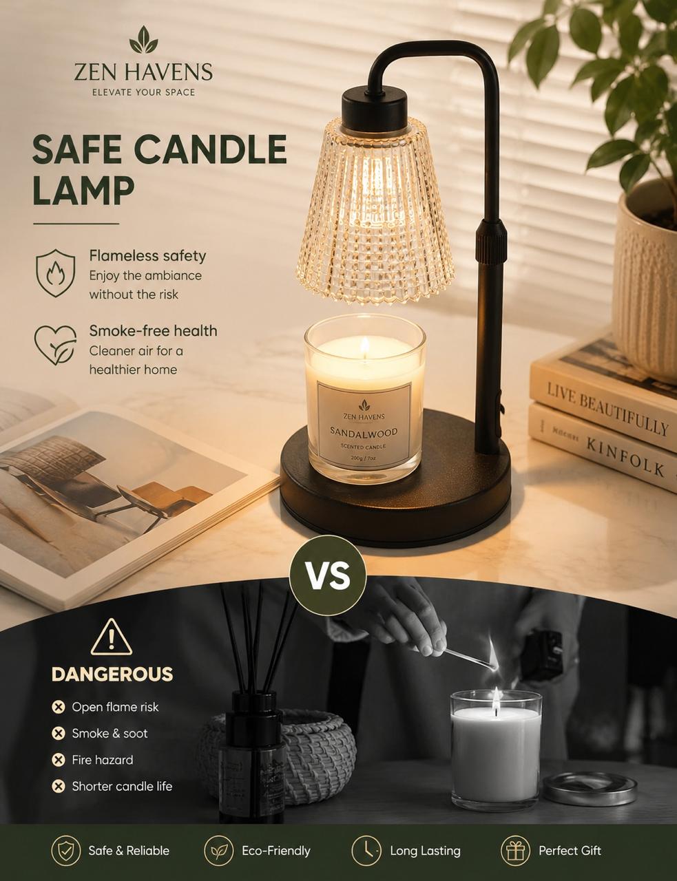 Zen Havens Safe Candle Lamp - Flameless vs Open Flame Comparison
