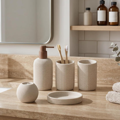 Bathroom Accessories Set, 5 PCS Modern Bath Organizer, Beige