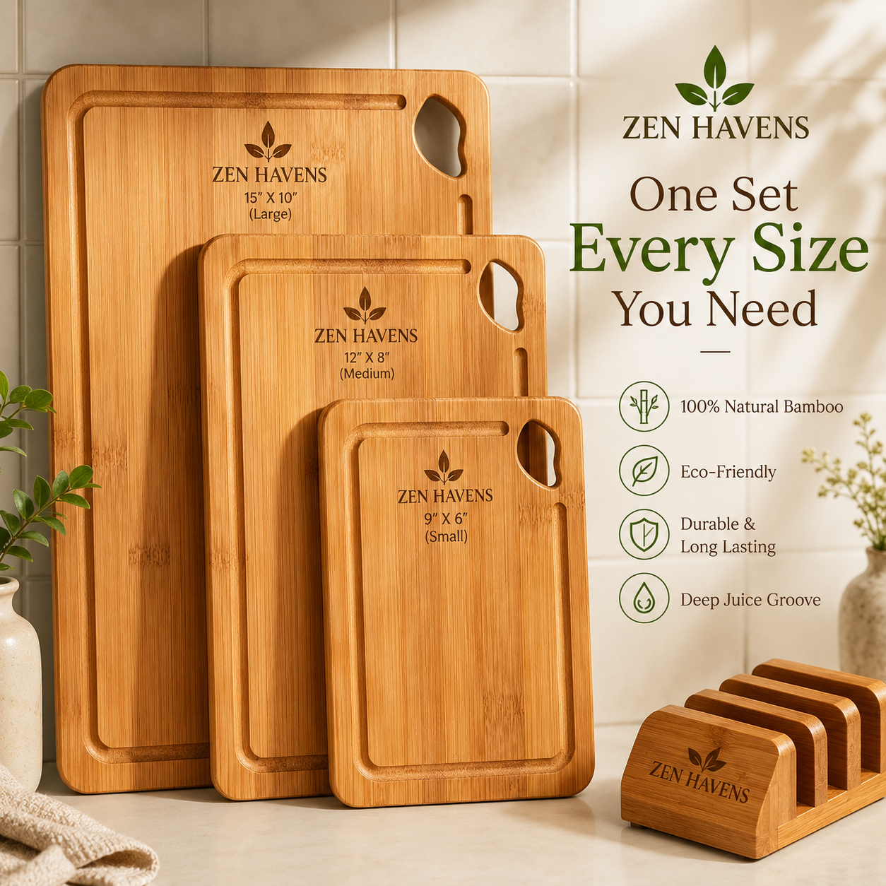 Zen Havens Bamboo Cutting Board - Human Centered Design with Juice Grooves