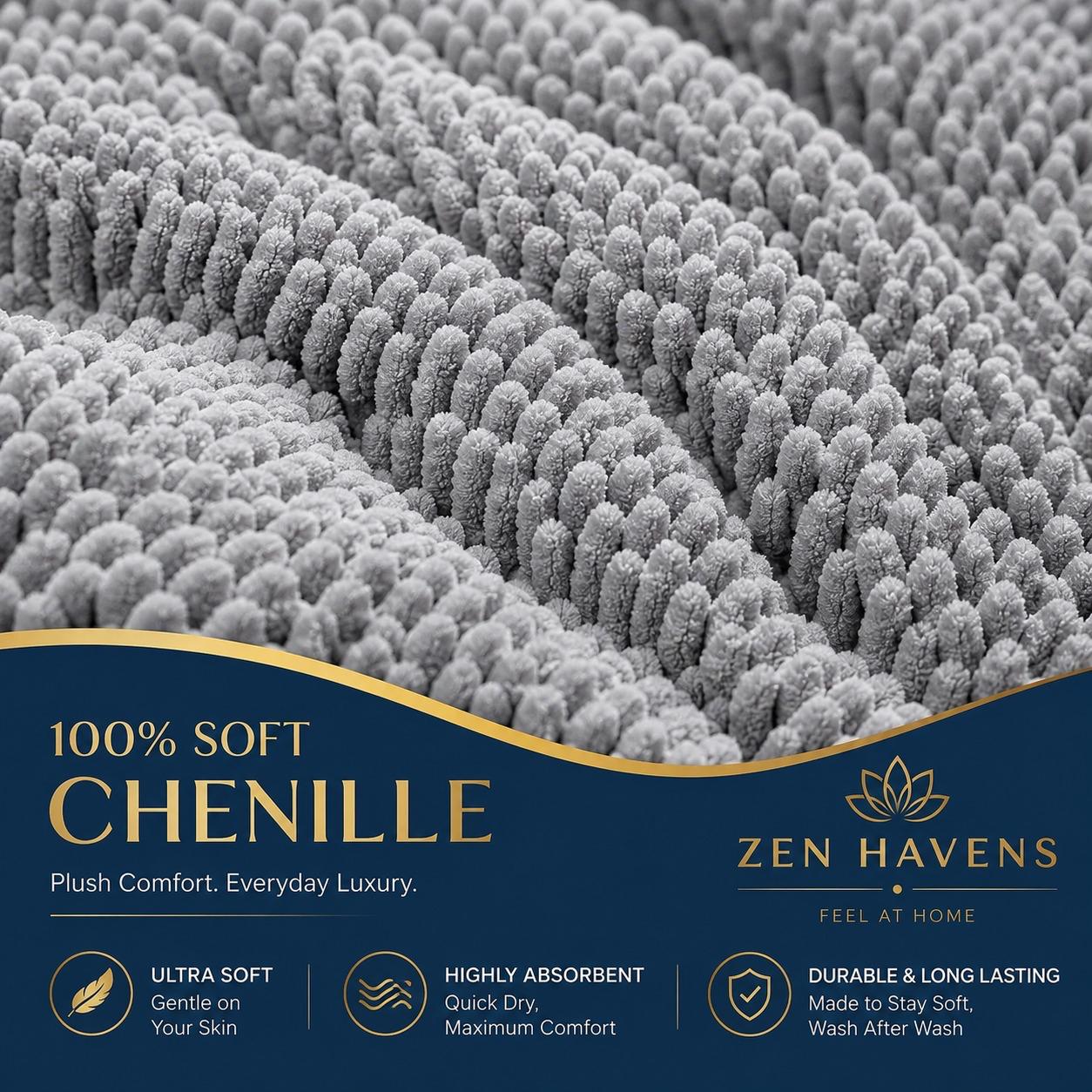 Zen Havens 100% Soft Chenille Bath Mat - Plush Comfort Everyday Luxury