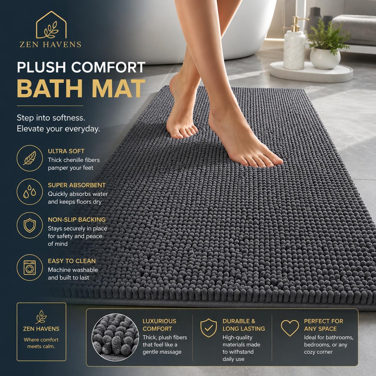 Zen Havens 3-Piece Bath Mat Set - Ultra Soft Chenille Comfort
