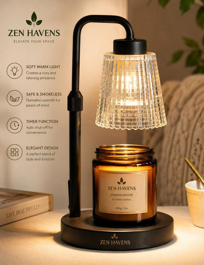Zen Havens Candle Warmer Lamp - Soft Warm Light, Safe Smokeless, Timer Function