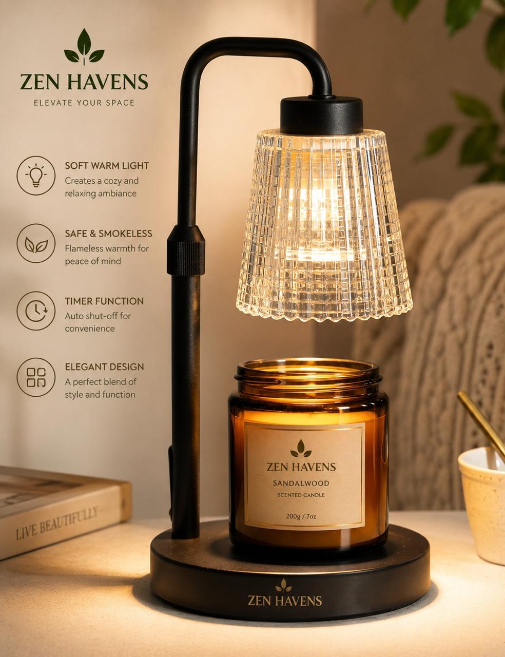 Zen Havens Candle Warmer Lamp - Soft Warm Light, Safe Smokeless, Timer Function