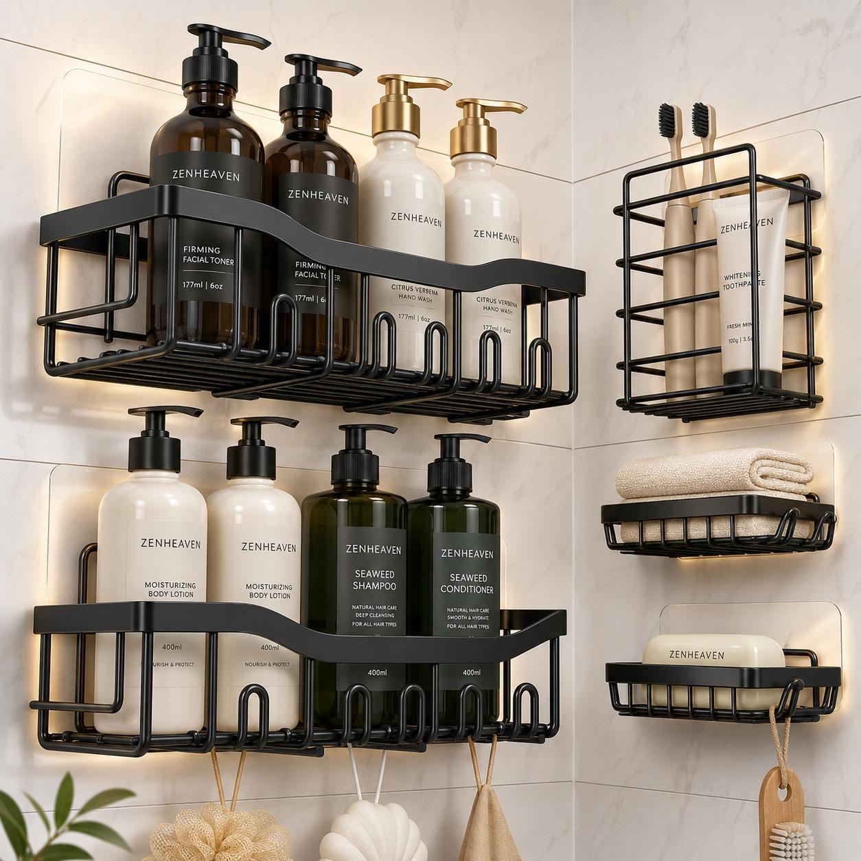 Zen Havens 5-Piece Bathroom Organizer Set - Shower Caddy, Soap Holder & Toothbrush Holder