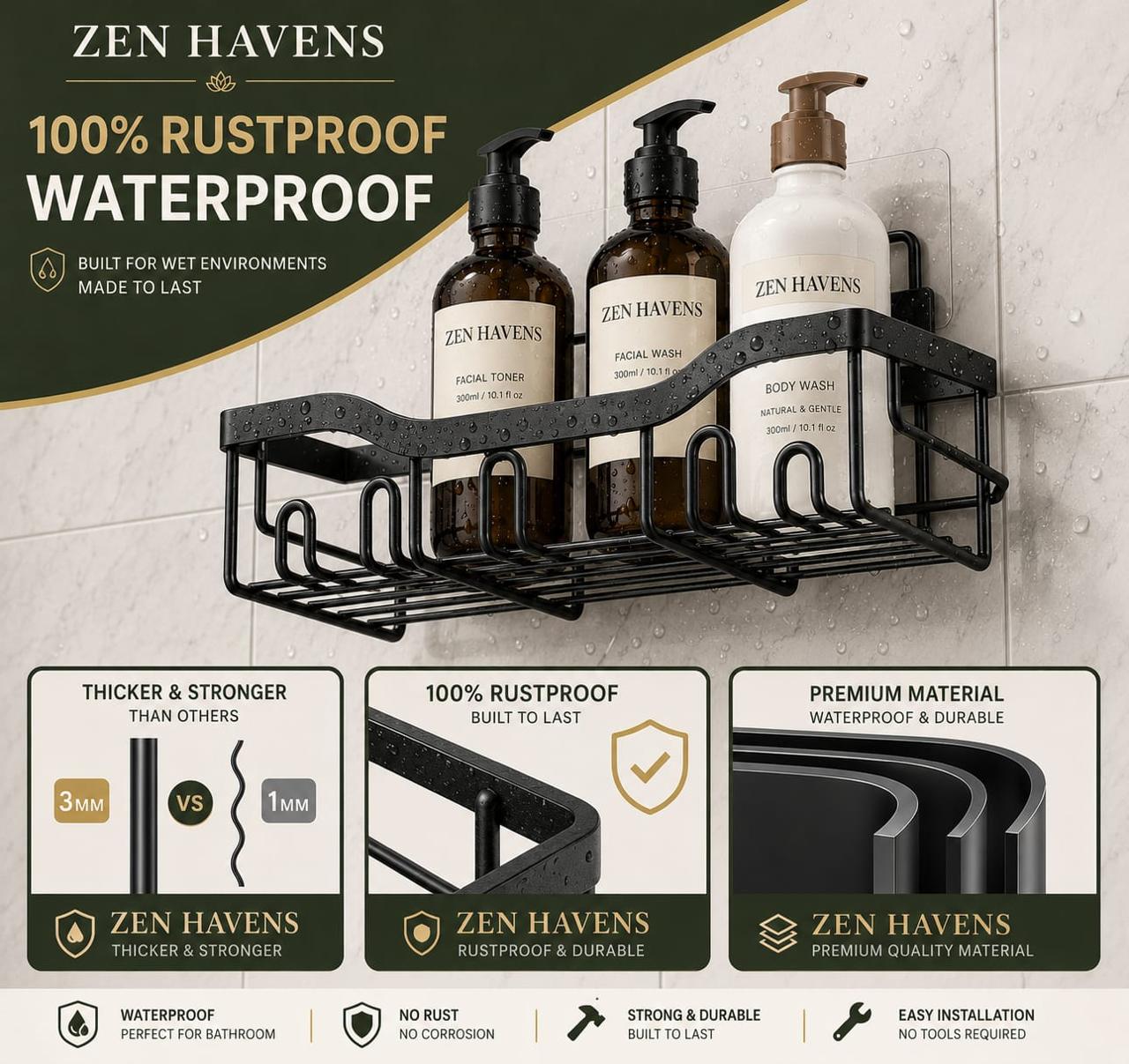 Zen Havens Shower Caddy - 100% Rustproof Waterproof 3mm Thick Steel