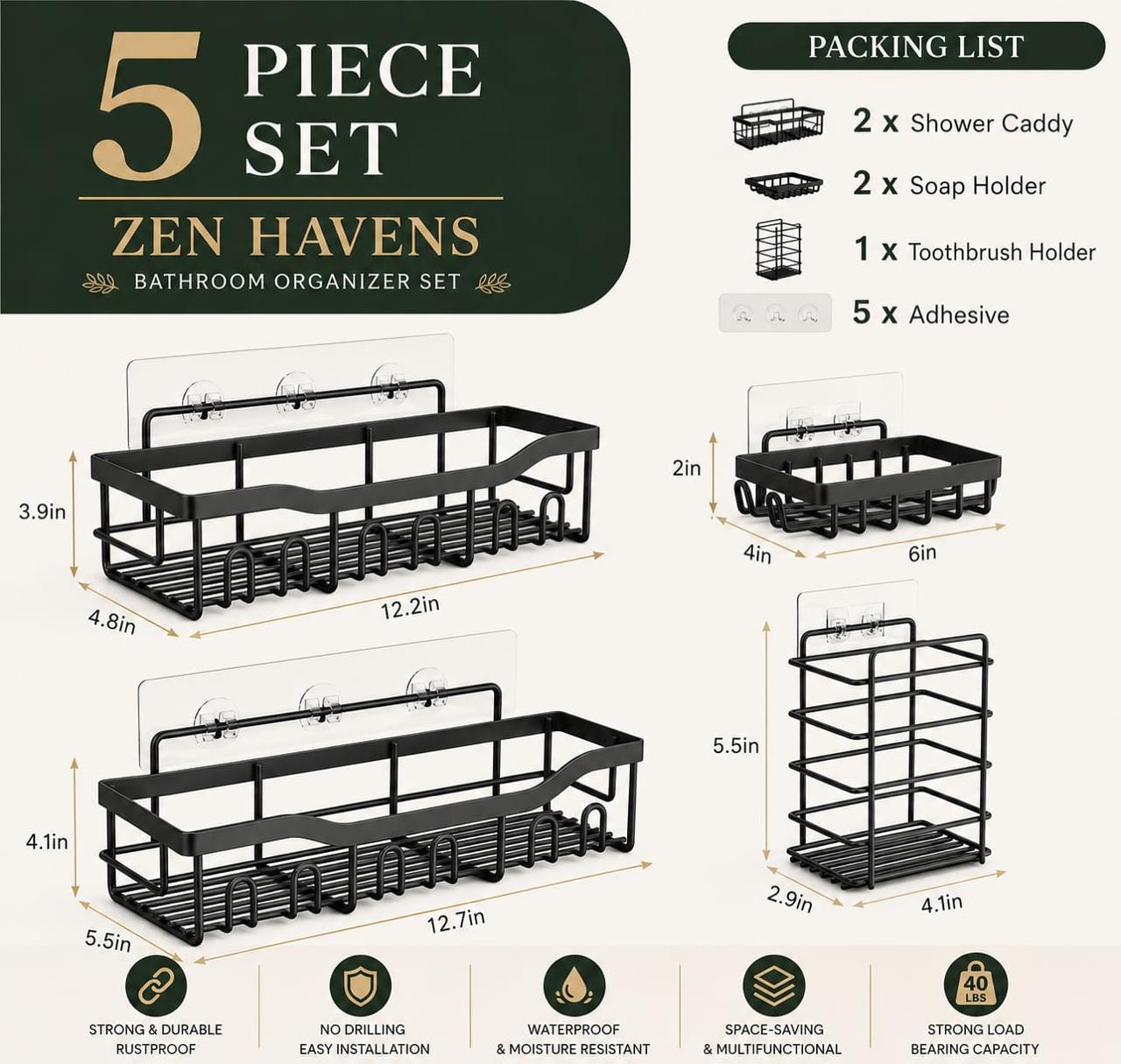 Zen Havens 5-Piece Set Packing List - 2 Shower Caddy 2 Soap Holder 1 Toothbrush Holder