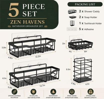 Zen Havens 5-Piece Set Packing List - 2 Shower Caddy 2 Soap Holder 1 Toothbrush Holder